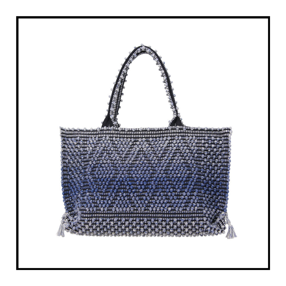 Main frontal view for MELANGE BLUE with BLACK GROUND RECTANGULAR TOTE bag to complete your look with our selection of accessories crafted with the environment in mind