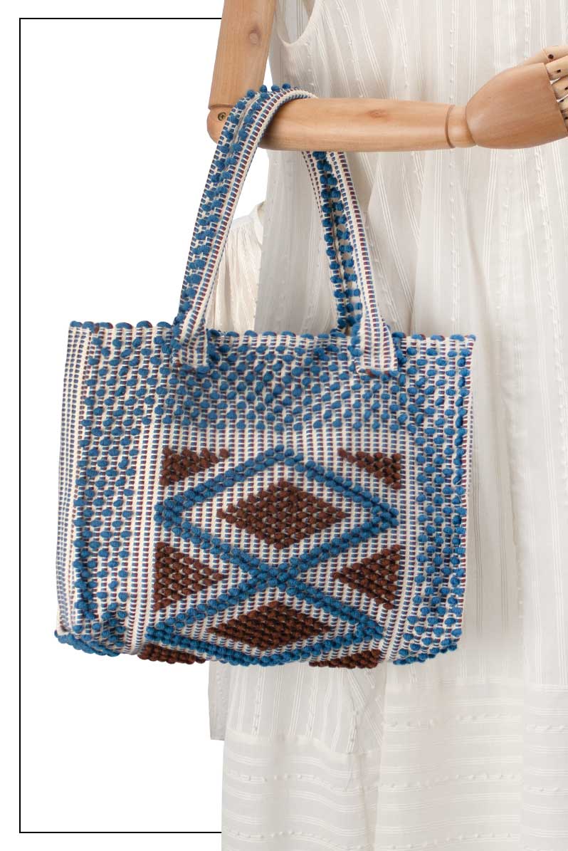 LISCIA Rombi - Sustainable handwoven medium square tote handbag - DENIM and CHOC bag