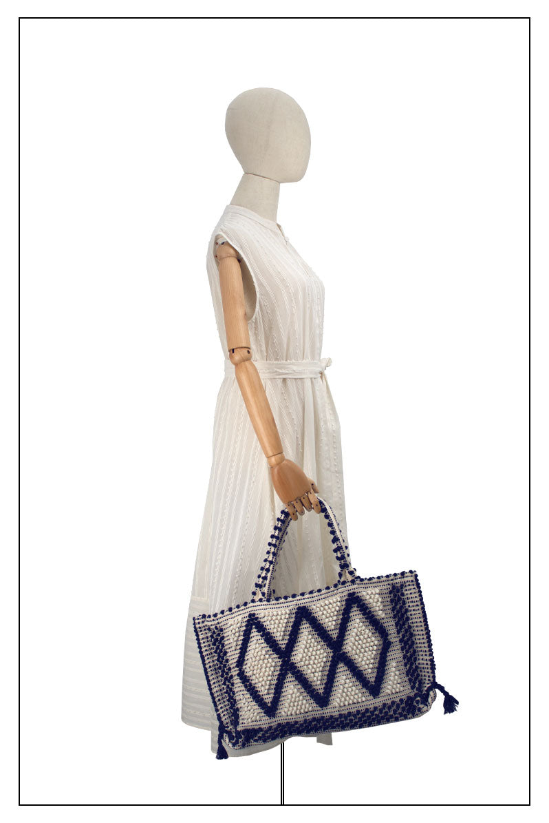 CAPRICCIOLI MED_Rombi. Blue_Cream Tote hand-stitched with unparalleled craftsmanship.