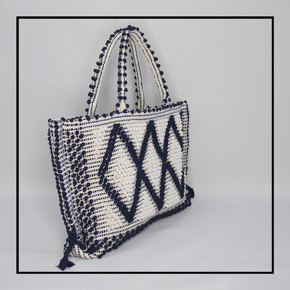 CAPRICCIOLI MED_Rombi. Blue_Cream Tote hand-stitched with unparalleled craftsmanship.