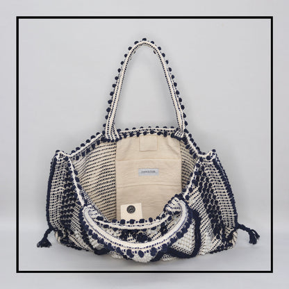 CAPRICCIOLI MED_Rombi. Blue_Cream Tote hand-stitched with unparalleled craftsmanship.