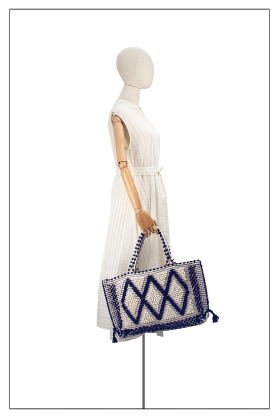 Medium TOTE BLUE and CREAM ON MODEL - summer bag - luxury handbag - handwoven tote made in Italy by hand • timeless individualistic fashion • eco-friendly fashion • socially responsible, lasting fashion