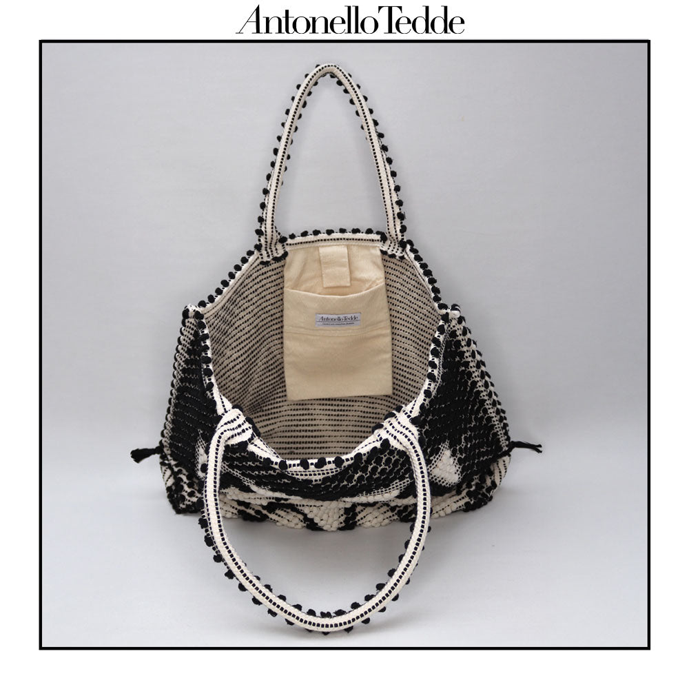 Inside pocket view front handbag - Sustainable tote - summer bag - luxury handbag - handwoven black and white tote made in Italy by hand • timeless individualistic fashion • eco-friendly fashion • socially responsible, lasting fashion