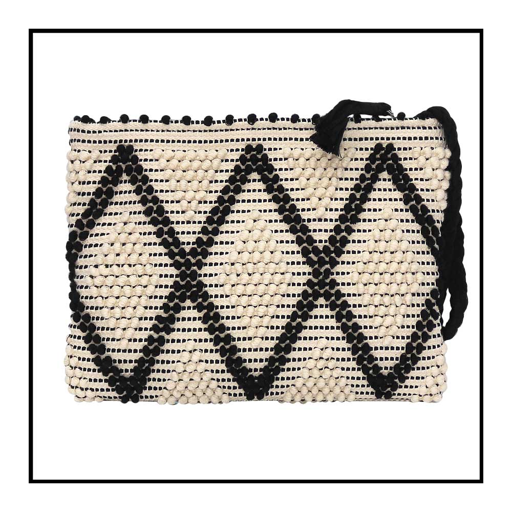 front view of piattina zip clutch bag in black and white Best eco luxury bags and accessories brand. Stylish clothes and Eco-Friendly with recycled yarns #luxury #ecoconcious #sustainablestyle #ethicalbrands #ecoliving #ecofashion #ecostyle #ethicalhandbags #handbags