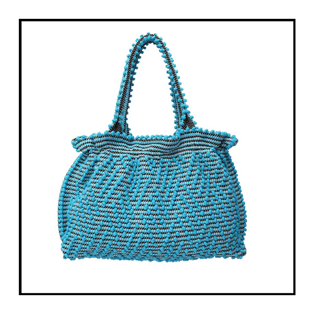 Nora ZigZag - Sustainable handwoven tote handbag with gathered top -  Turquoise multiple diamond pattern