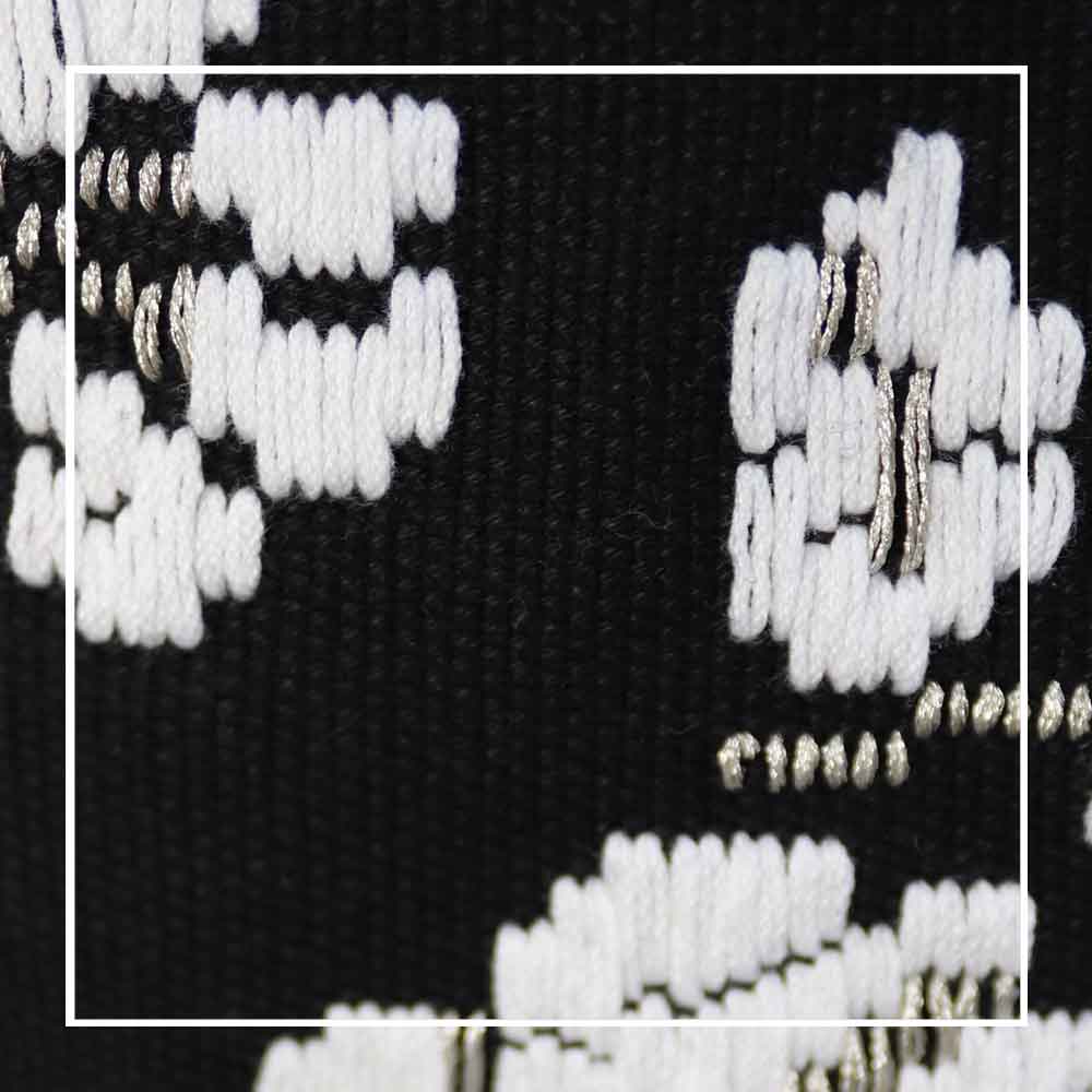 detail view of fabric and yearn for black and white evening bag to complete your look with our selection of accessories crafted with the environment in mind
