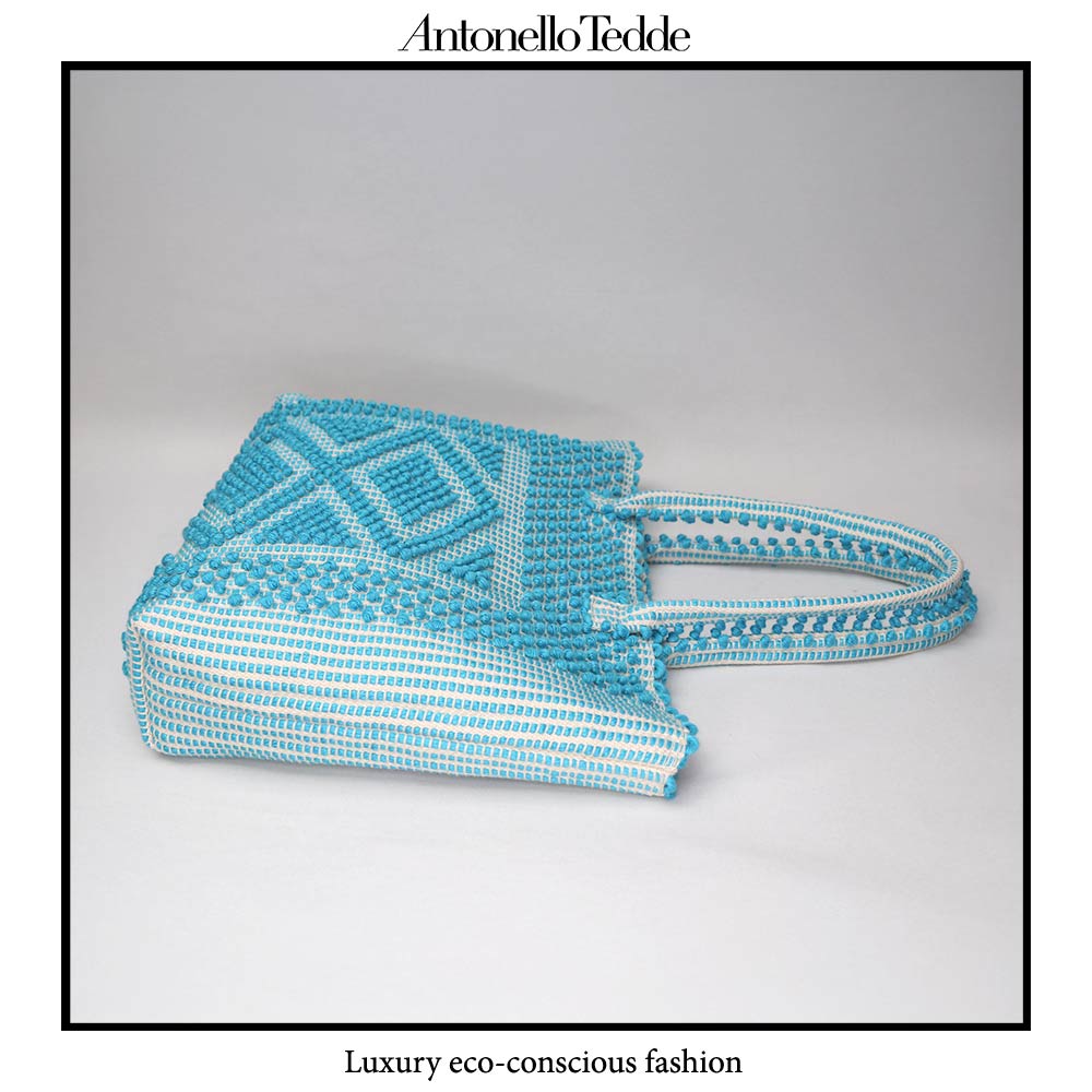 Urtei Medium Sustainable Tote Bag in Handwoven Turquoise Linen and Cream Cotton with Iconic Rombi Pattern - Eco-Friendly Artisanal Design by Antonello Tedde