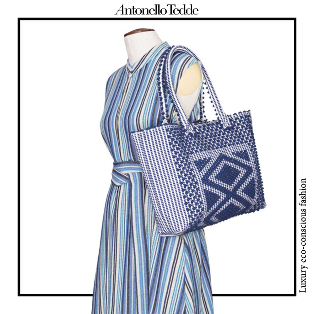 Urtei Rombi - Ethically Crafted Sardinian Handwoven Cotton tote: Sustainable Elegance preserving traditions BLUE WHITE bag