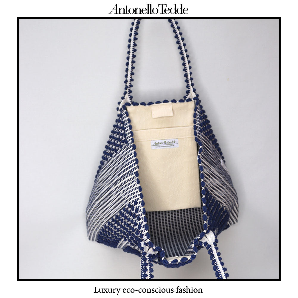 Urtei Rombi - Ethically Crafted Sardinian Handwoven Cotton tote: Sustainable Elegance preserving traditions BLUE WHITE bag