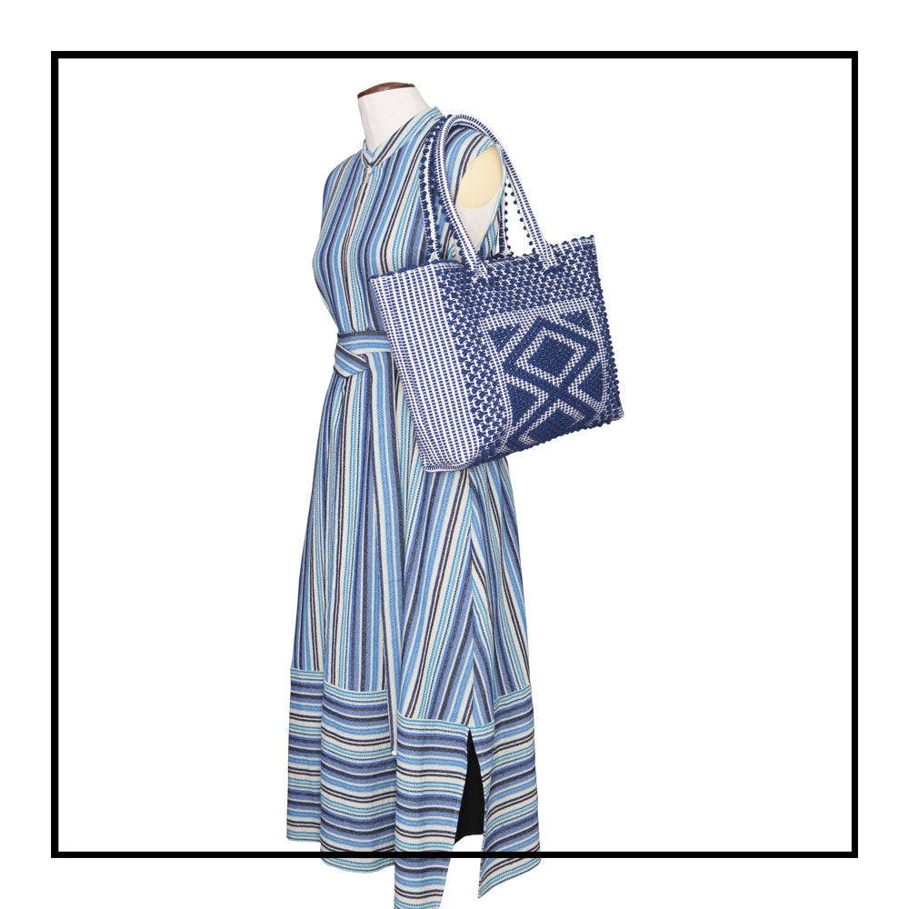 Urtei Rombi - Ethically Crafted Sardinian Handwoven Cotton tote: Sustainable Elegance preserving traditions BLUE WHITE bag
