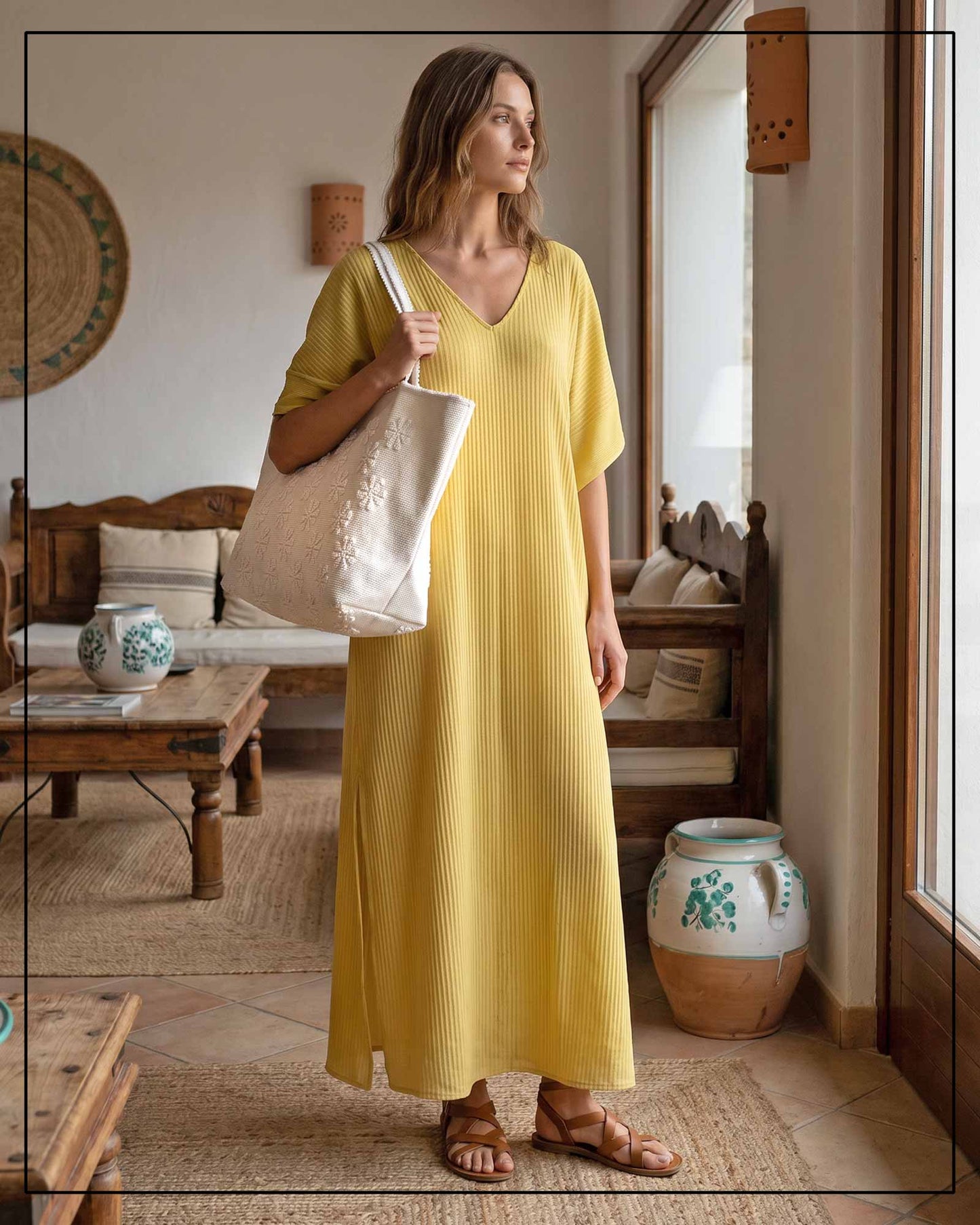 A woman in a yellow dress holding a beige tote bag in a rustic interior setting. Raised flower pattern handwoven cream tote bag, all by Antonello Tedde.