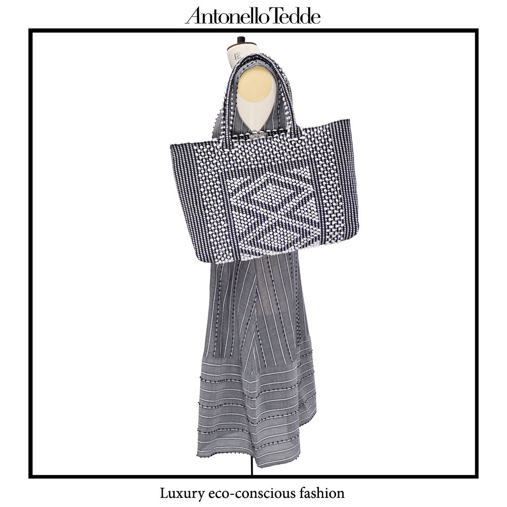 URTEI tote - Ethically Crafted Sardinian Handwoven Cotton tote: Sustainable Elegance preserving traditions - CREAM LINEN BLACK