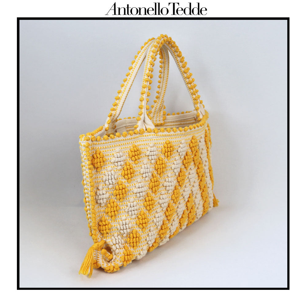 CAPRICCIOLI Medium - Handwoven Tote Handbag - Iconic Rombetti Revival - YELLOW and CREAM cotton bag