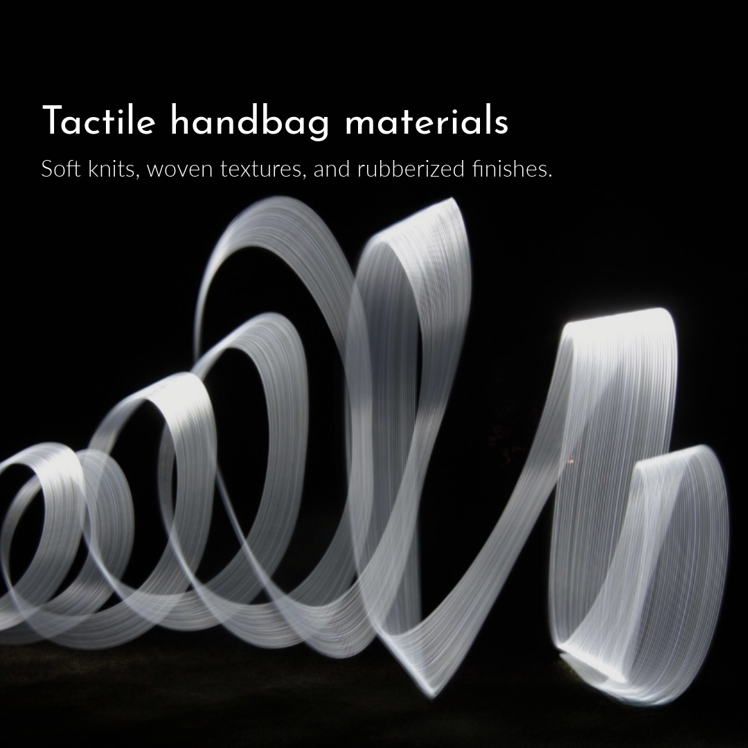 Collage of tactile handbag materials for 2025, including soft knits, woven textures, and rubberized finishes.