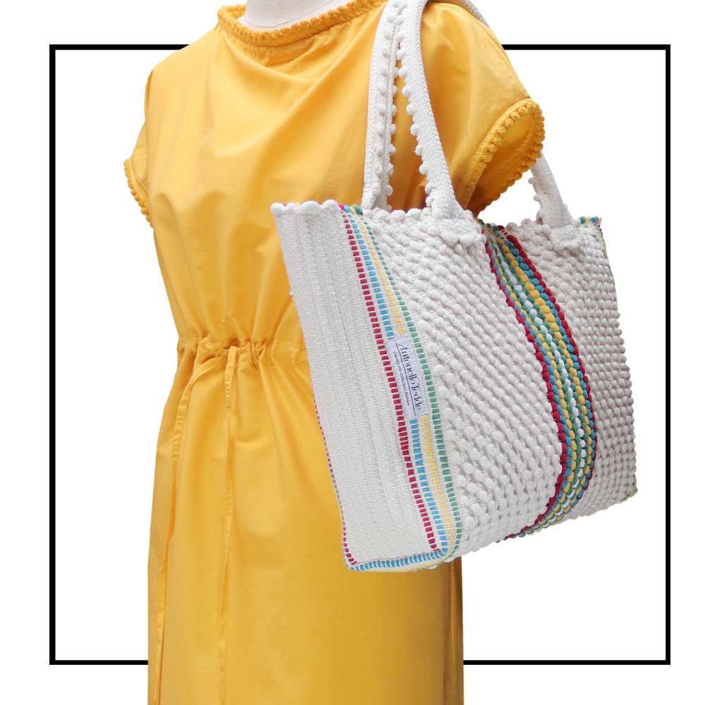 URTEI Strisce Multi Ethically Crafted Sardinian Handwoven Cotton tote: Sustainable Elegance preserving traditions CREAM bag