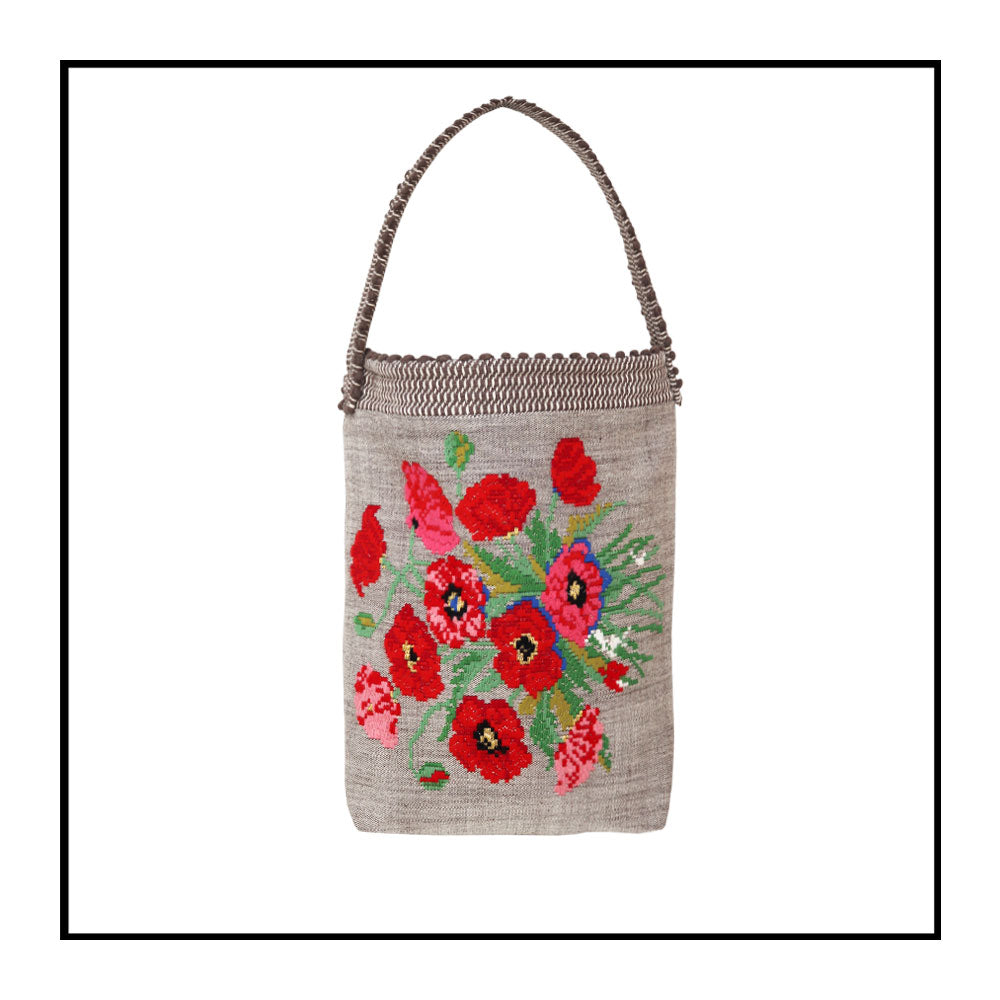 BULTEI BUCKET BAG - RED FLOWERS - BROWN GROOUND Sustainable tote - summer bag - luxury handbag - handwoven  made in Italy by hand  - timeless individualistic fashion • eco-friendly fashion • socially responsible, lasting fashion.