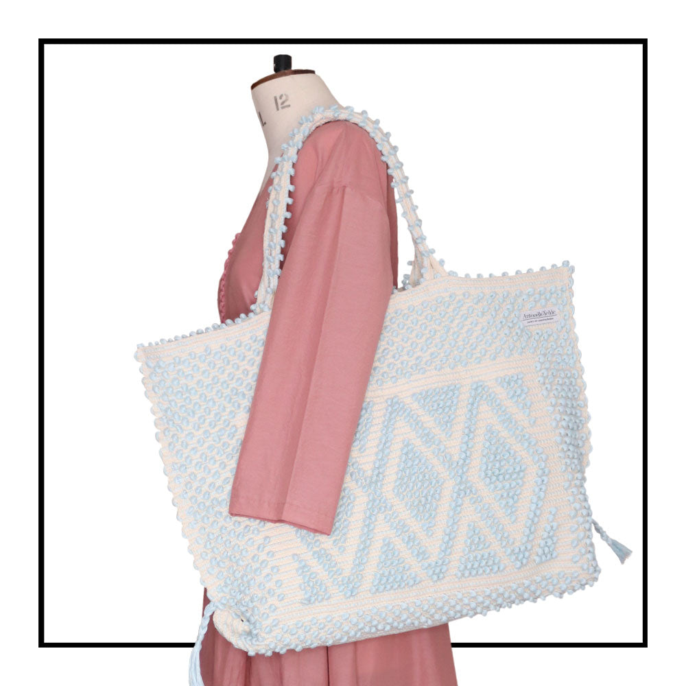 Sustainable tote - summer bag - luxury handbag - handwoven light blue Italian Linen  tote made in Italy by hand • timeless individualistic fashion • eco-friendly fashion • socially responsible, lasting fashion, 