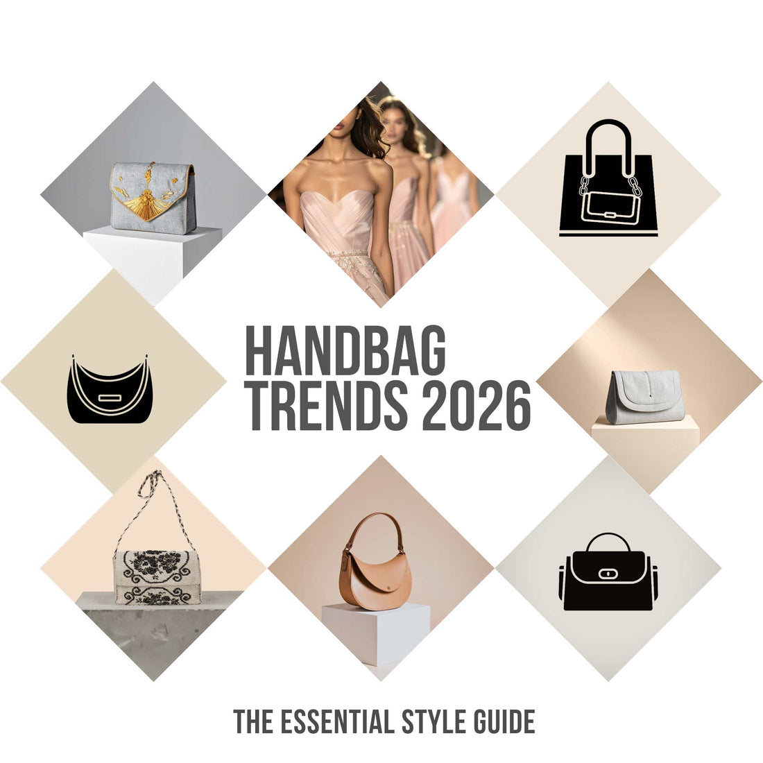 Editorial collage for Handbag Trends 2026 featuring sculptural handbags, haute couture runway inspiration, and Antonello Tedde designs.