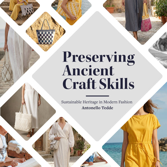 Collage of people wearing and using handbags with text 'Preserving Ancient Craft Skills' on a white background. Antonello Tedde, the designer that this collage refers to.