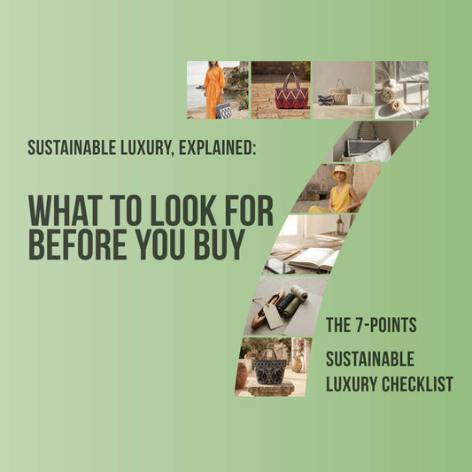 Minimal infographic showing a seven-point sustainable luxury checklist, by Antonello Tedde