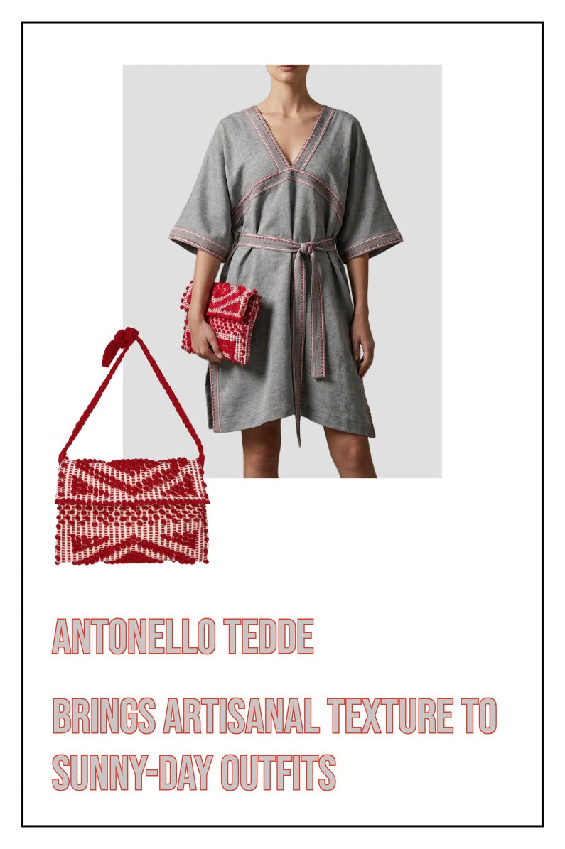 Woman holding a red and white patterned handbag with text about Antonello Tedde. Writing handwoven crossbody bags in cotton brings artisanal texture to sunny-day outfits