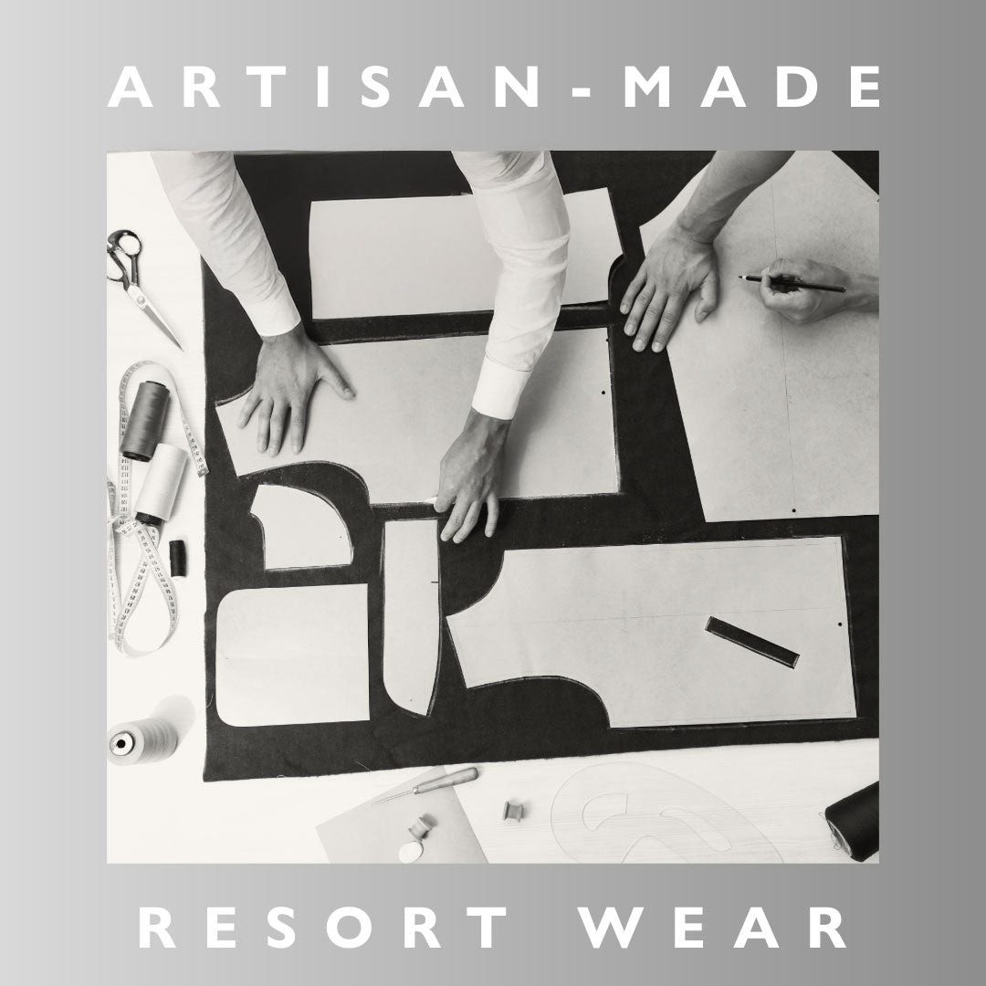 Artisan-made resort wear with hands working on a garment and tools. representing slow fashion and handcrafted resort wear.