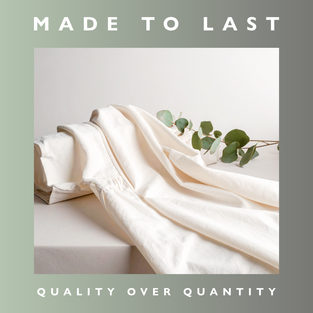 Close-up of carefully folded resort garments showing natural fabric texture and fine stitching. with greenery, text 'MADE TO LAST' and 'QUALITY OVER QUANTITY' on a light grey background.