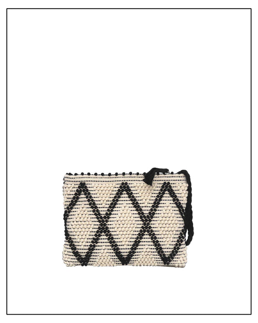 Antonello Tedde hand-woven clutch bag with black geometric pattern on a white background -  front view 