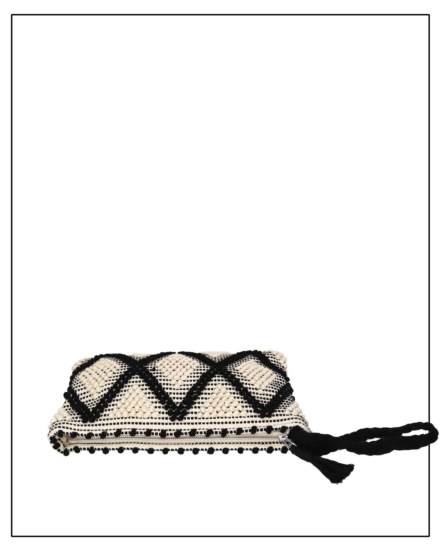 Antonello Tedde cream and white  clutch bag with multiple diamond patterns and pom-pom details on a white background - opening view