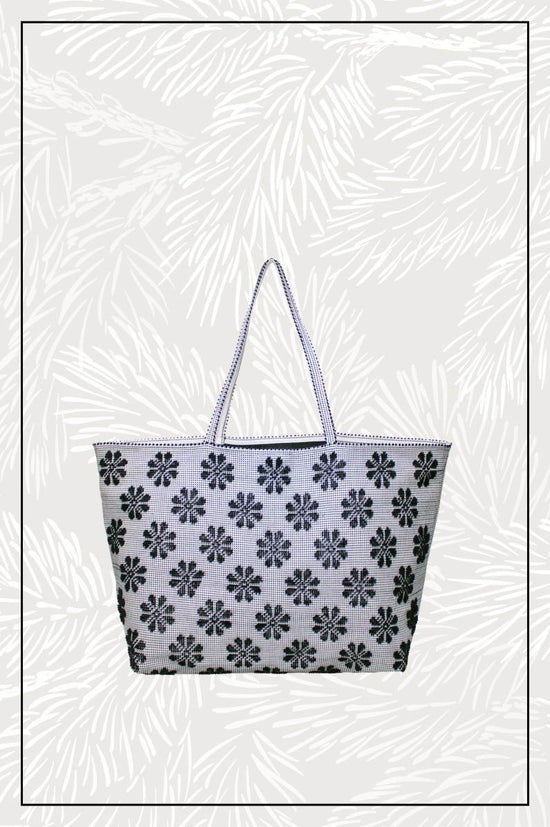 Tote bag with floral pattern on a white background - Antonello Tedde entirely hand-woven fabric tote bag with black flowers on black and white background - handmade in Sardinia, Italy