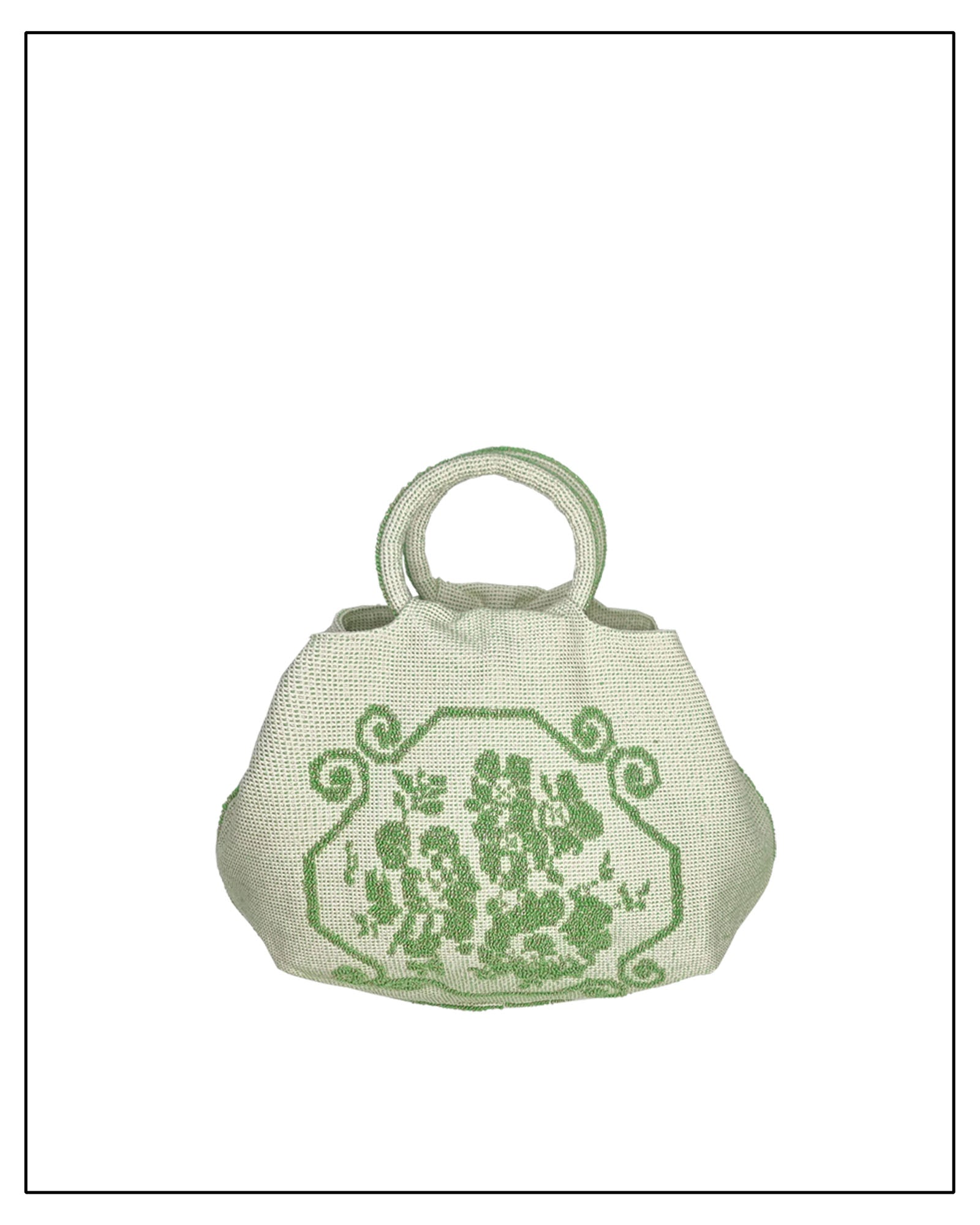 ANTONELLO TEDDE Small green handbag with a floral design on a white background. A handwoven green Faona tote bag with a small pibiones flower bouquet pattern and golden thread was crafted from regenerated cotton by Sardinian artisans.