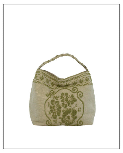 Antonello Tedde Banari Tote Bag handwoven in Sardinia using the traditional small Pibiones technique with green regenerated cotton, golden yarn, and floral bouquet motif.