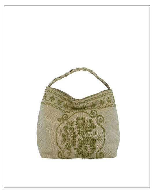 Antonello Tedde Banari Tote Bag handwoven in Sardinia using the traditional small Pibiones technique with green regenerated cotton, golden yarn, and floral bouquet motif.