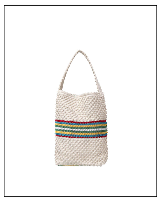 Antonello Tedde White woven handbag with colourful stripes on a white background