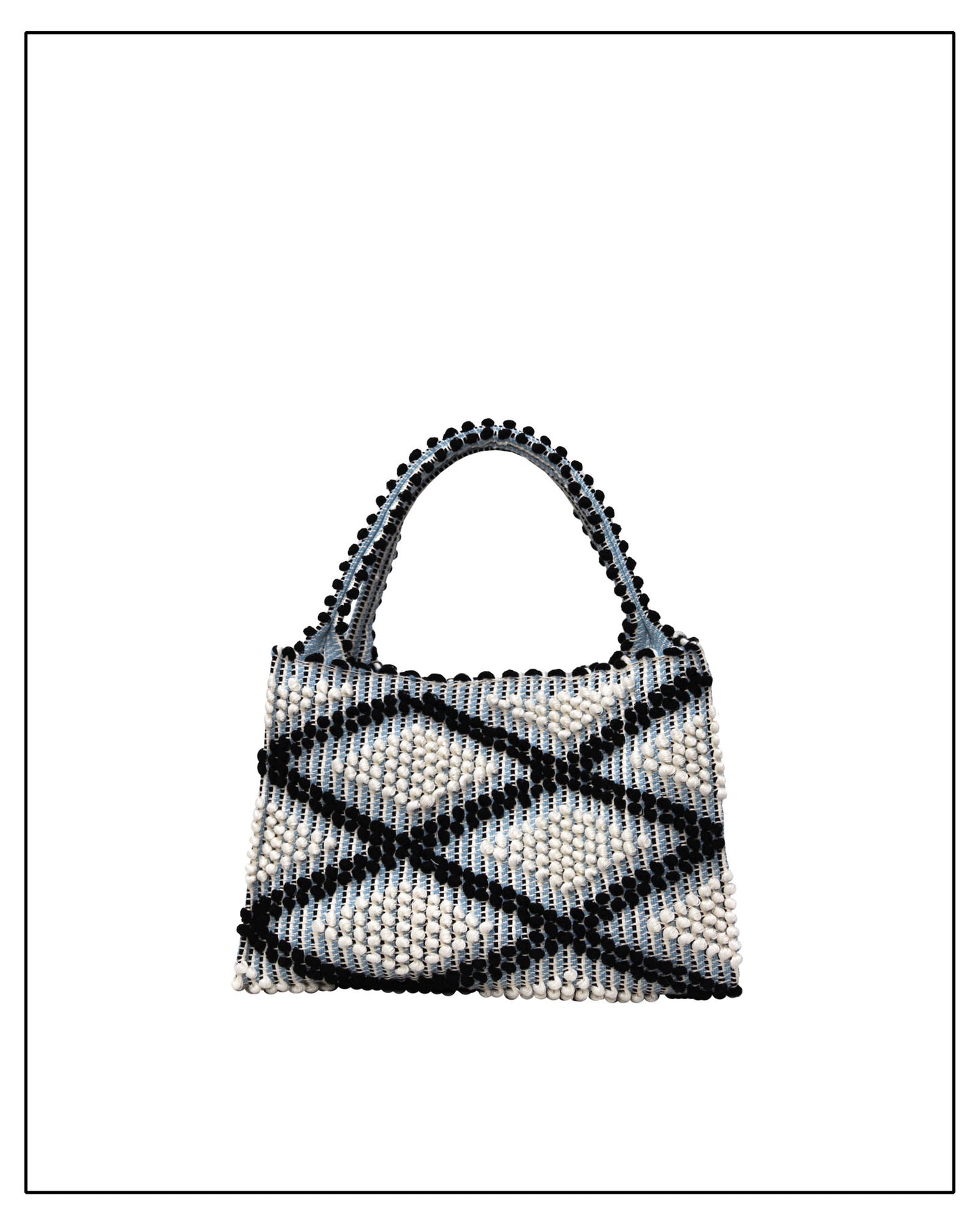 Antonello Tedde Montesantu Rombi Multi Tote Bag handwoven in Sardinia with black and light blue diamond pattern, linen and cotton blend, and zip pocket