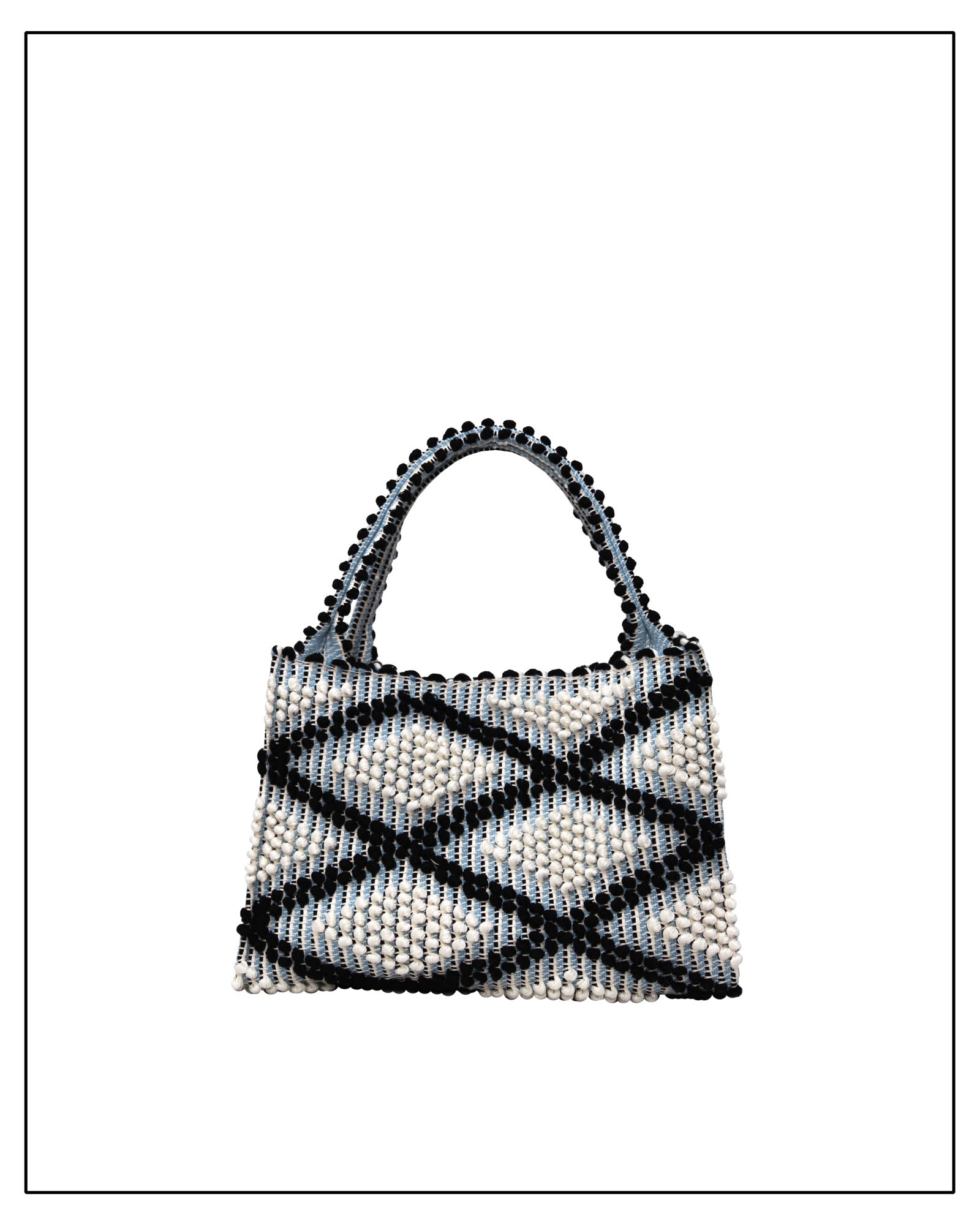 Antonello Tedde Montesantu Rombi Multi Tote Bag handwoven in Sardinia with black and light blue diamond pattern, linen and cotton blend, and zip pocket
