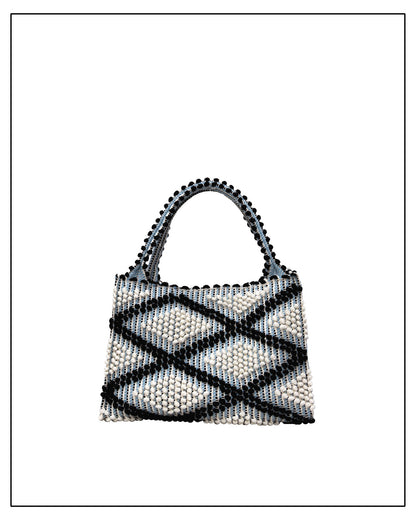 Antonello Tedde Montesantu Rombi Multi Tote Bag handwoven in Sardinia with black and light blue diamond pattern, linen and cotton blend, and zip pocket