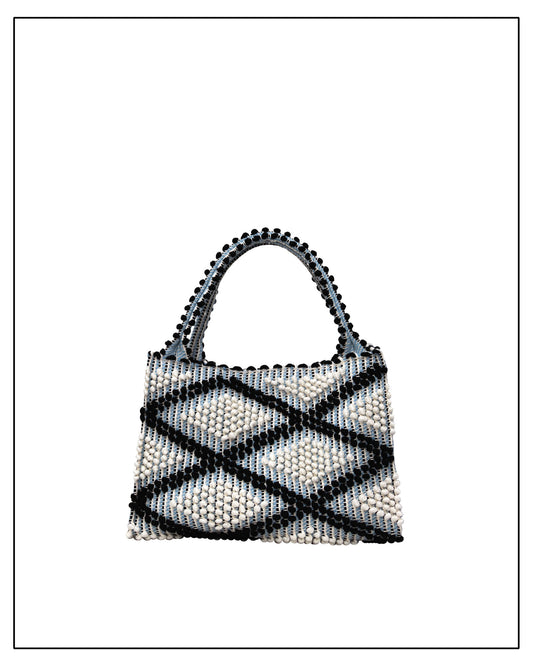 Antonello Tedde Montesantu Rombi Multi Tote Bag handwoven in Sardinia with black and light blue diamond pattern, linen and cotton blend, and zip pocket