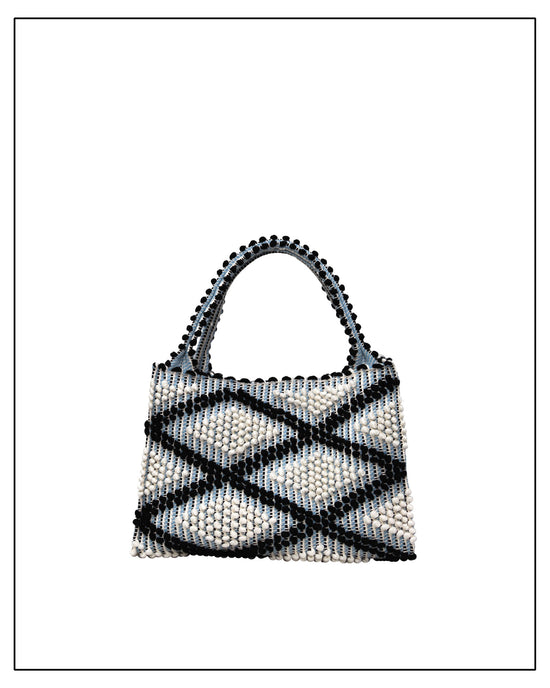 Antonello Tedde Montesantu Rombi Multi Tote Bag handwoven in Sardinia with black and light blue diamond pattern, linen and cotton blend, and zip pocket