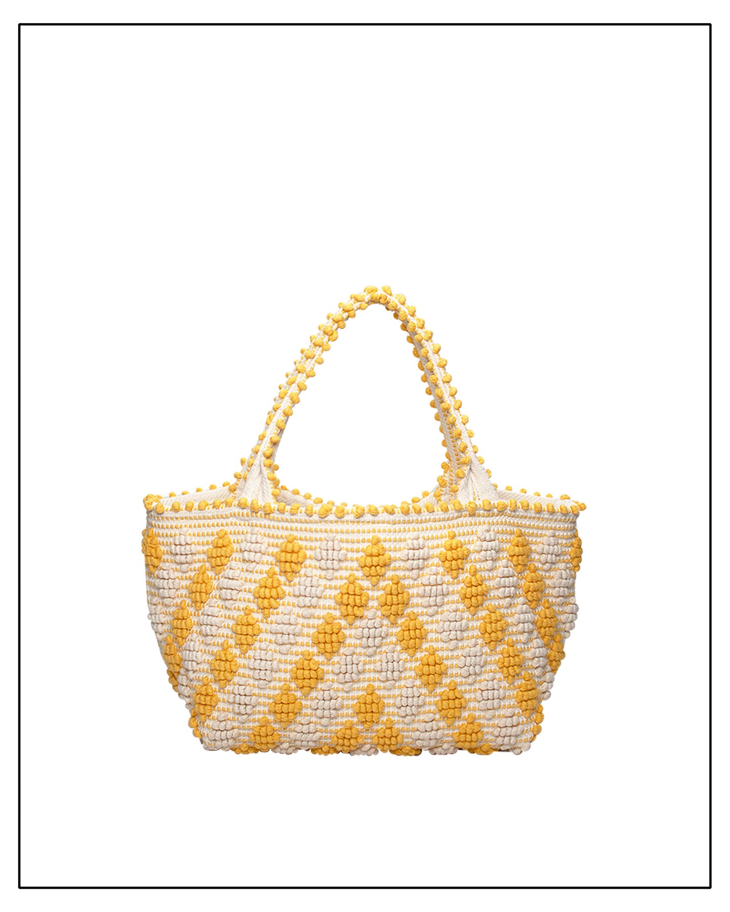 Antonello Tedde's Yellow-and-Cream patterned handbag on a white background. Celvia Medium Red and Cream Tote Bag is handwoven, a reimagined classic that marks the return of the beloved rombetti (Multiple Diamonds) pattern in a fresh, contemporary silhouette