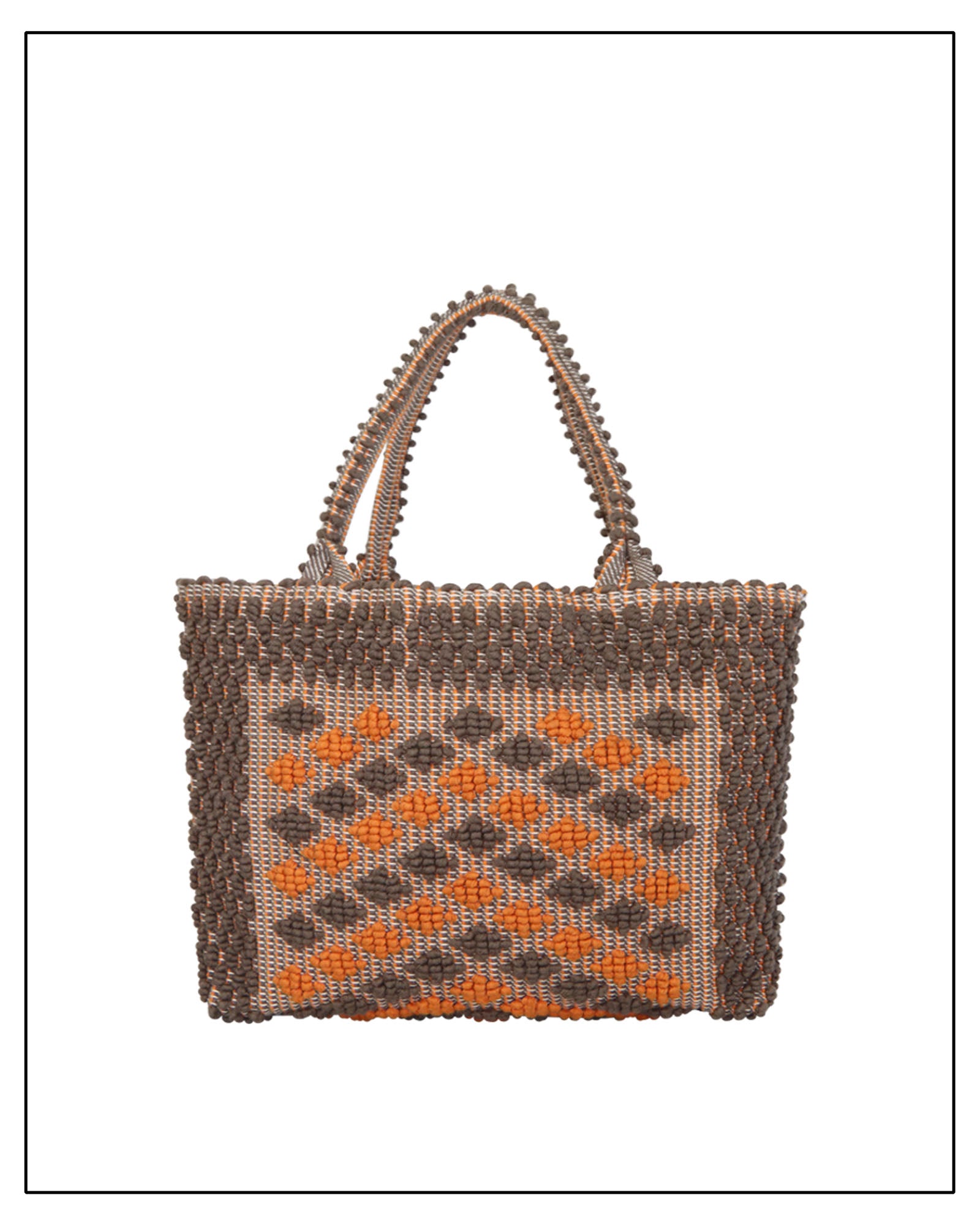 A medium-sized, ethically crafted Sardinian handwoven cotton tote bag with taupe and orange colors, featuring a geometric rombetti pattern.