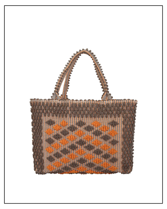 A medium-sized, ethically crafted Sardinian handwoven cotton tote bag with taupe and orange colors, featuring a geometric rombetti pattern.