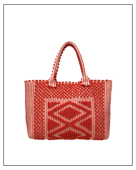 Antonello Tedde Coral woven handbag with a geometric pattern on a cream background - Hand-woven fabrics with lining made by repurposing cotton scraps. 