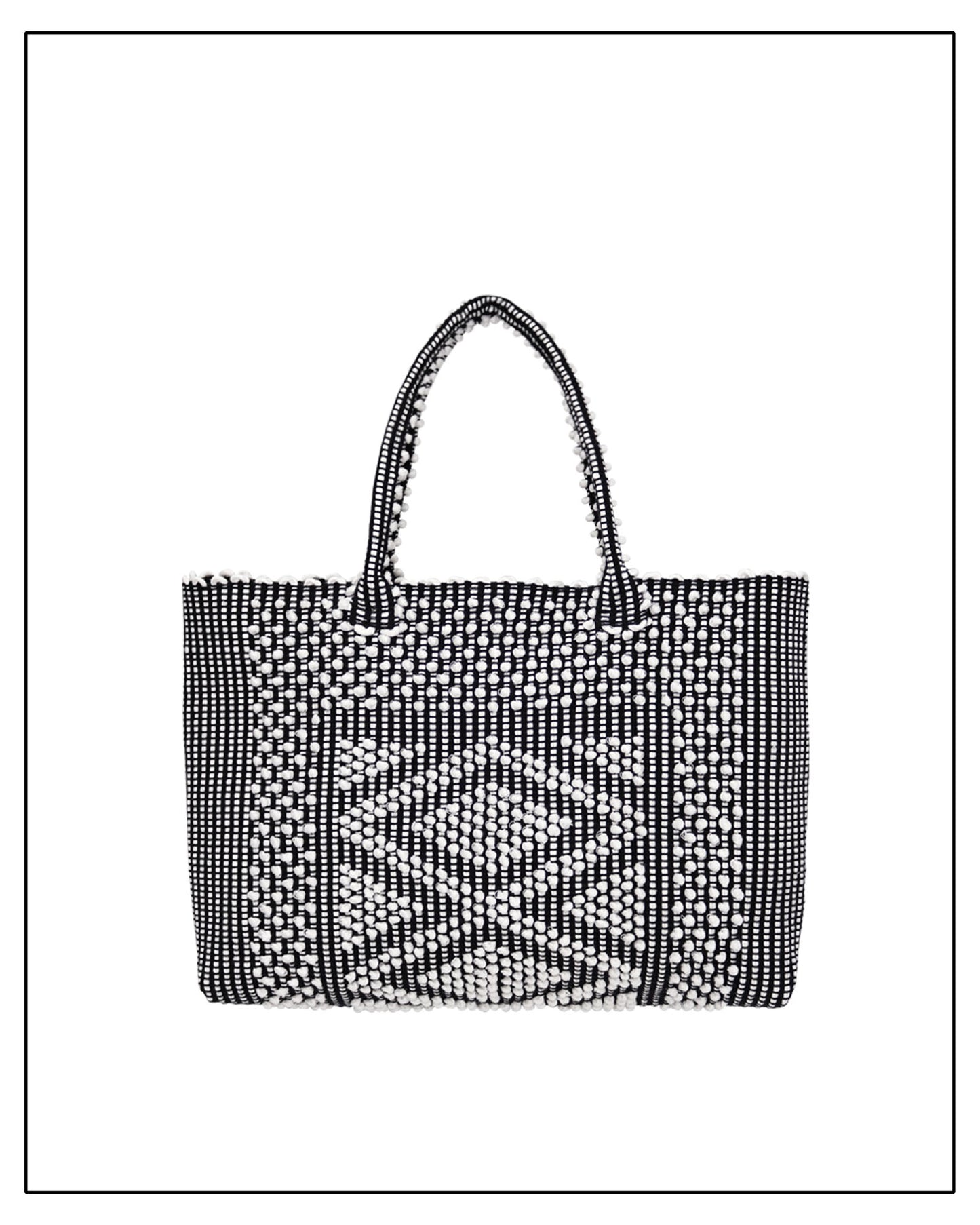 Antonello Tedde's black-and-white hand-woven handbag on a white background. Front View. 