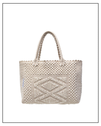 Antonello Tedde's Cream Linen and Beige patterned handbag on a white background. Urtei Medium Cream and Beige Tote Bag is handwoven, a reimagined classic that marks the return of the beloved rombi (Diamonds) singature pattern in a fresh, contemporary silhouette