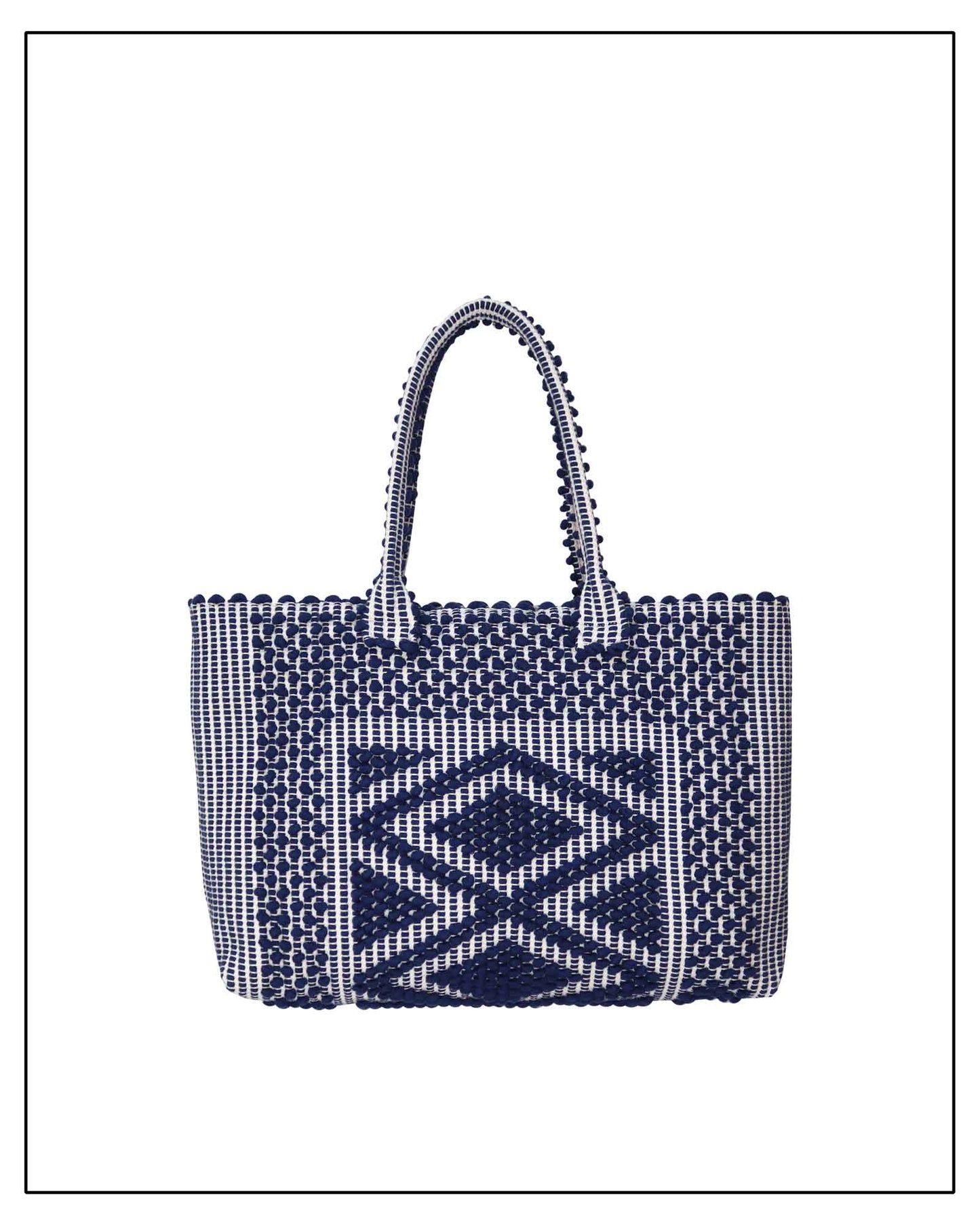 Antonello Tedde's woven handbag with geometric pattern on a white background. Front view 