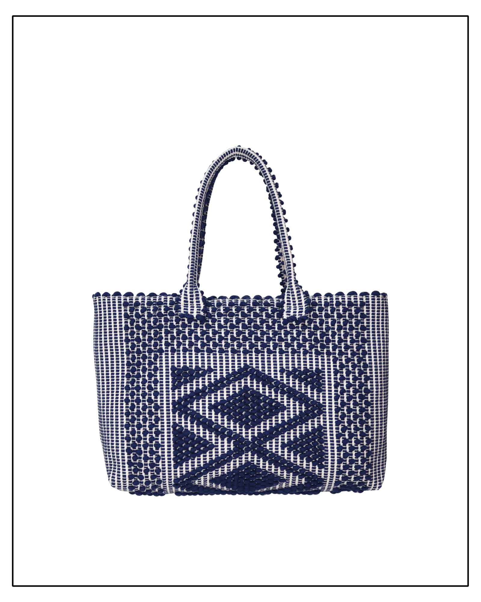 Antonello Tedde's woven handbag with geometric pattern on a white background. Front view 