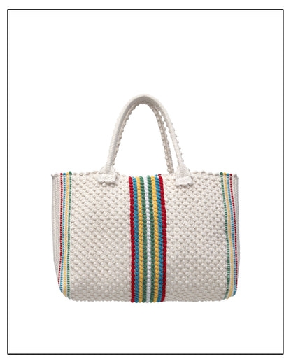 Antonello Tedde Urtei Medium Tote Bag, handwoven in Sardinia with cream cotton, multicoloured stripe. 