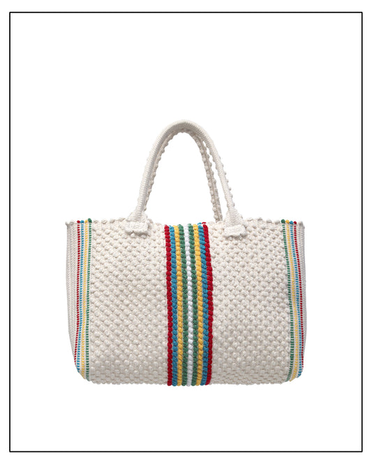 Antonello Tedde Urtei Medium Tote Bag, handwoven in Sardinia with cream cotton, multicoloured stripe. 