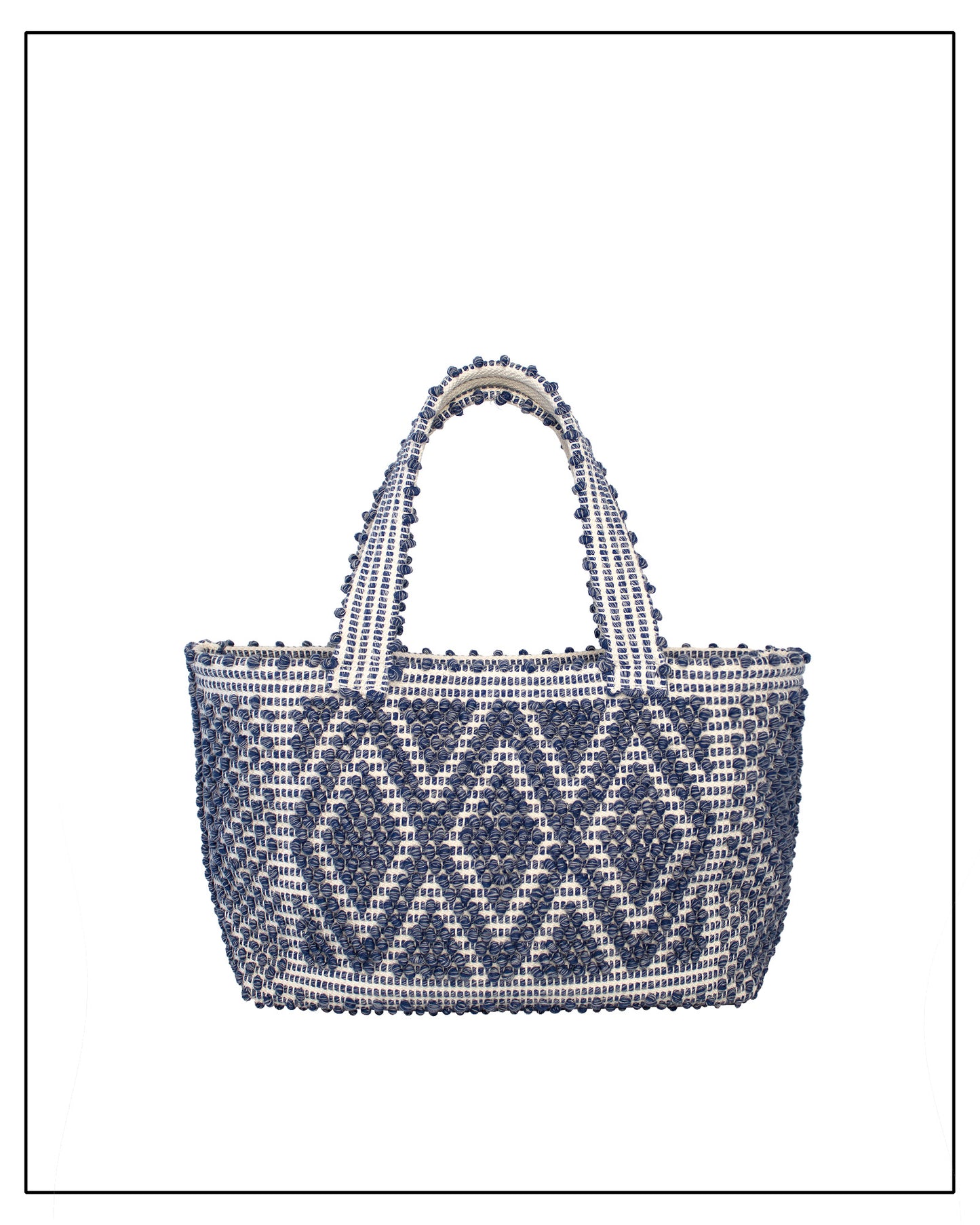 Woven handbag with blue and white pattern on a white background - Front view of Antonello Tedde Celvia Medium Tote Bag in handwoven melange blue cotton with large diamond rombi pattern